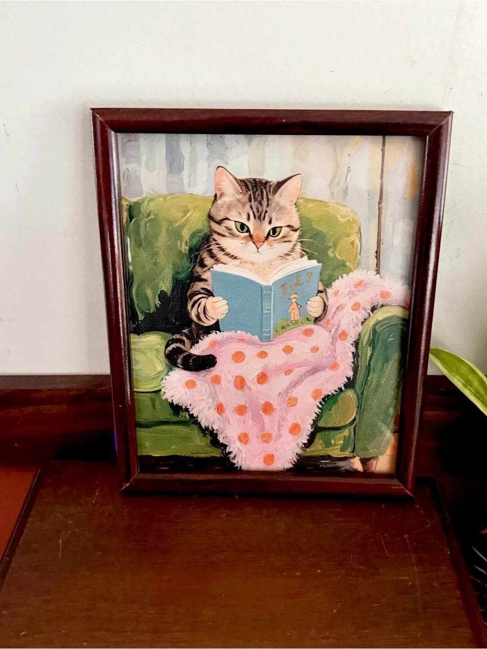 Cozy Cat Reading a Book on Green Couch Canvas Art Print Vintage Style Framed